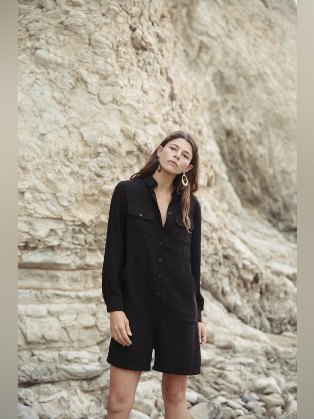 OZMA Tangier Silk Linen Canvas Jumpsuit Black Size Medium Coveralls Utilitarian